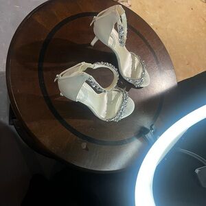 David's Bridal Cream Heels with Rhinestone Embellishments